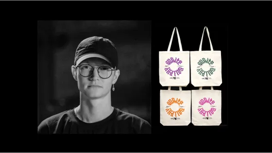 a man with glasses and hat. on the right, 4 tote bags