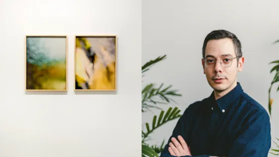 On the right, a headshot of Erdem Tasdelen, on the left, documentation of an artwork by him: two blurry images framed and hung on a gallery wall. 