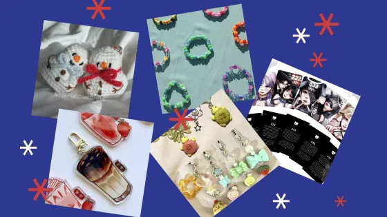 Blue background with student artwork and white and red stars in foreground