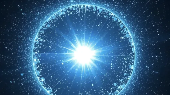 An image of a light burst inside a bubble, blue background