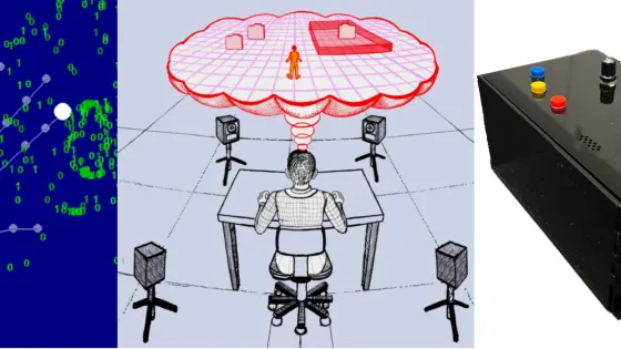 Three photos related to technology, left photo is a bug with connecting dots and numbers 0 and 1; middle photo is person at desk with cameras facing them and a red word cloud of a person and file; at right, mechanical black box with yellow, red and green buttons