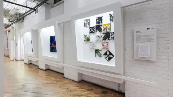 Gallery 44 vitrines displaying artwork by Philip Leonard Ocampo