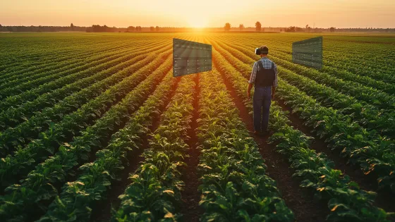 AI generated image of a farmer in a field wearing virtual reality headset.