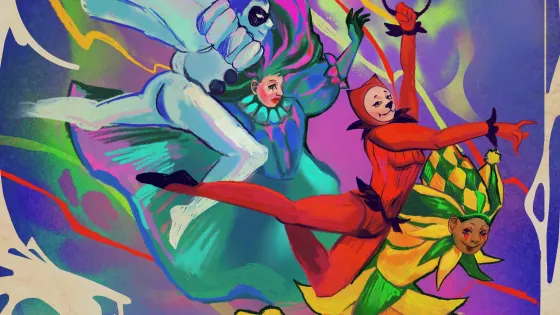 A digital painting of four playful circus performers in high saturation colour.