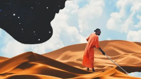 Illustration of a person working in a desert with a small body of water