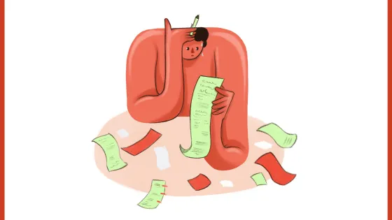 Orange border with white background. Illustrated character with a stressed expression, looking down at an invoice in their hand.