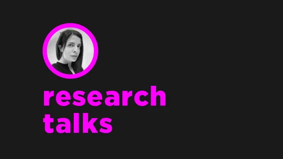 Header image with speaker, Ala Roushan's photo in a magenta circle. The text reads Research Talks