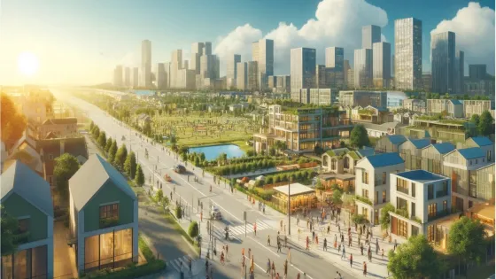 An illustration of a neighbourhood of homes in the foreground with pond and skyscrapers in the background
