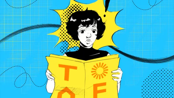 Blue background with yellow grid pattern, black lines and dots. An illustrated figure reading a TOAF magazine in foreground.