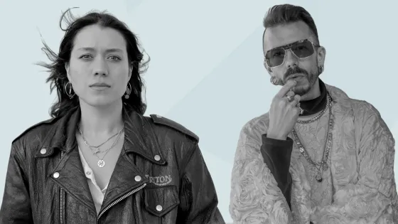 A woman wearing a black jacket and a man wearing sunglasses and fur coat.