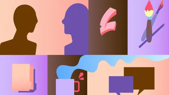 Illustrated graphics of two human figures, paint brushes, folders, coffee mug and dialogue box.