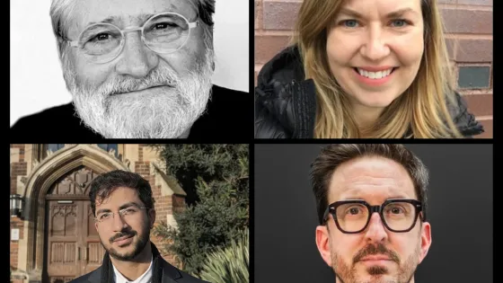 Four photos of people, top left, man with white beard wearing glasses and beard, top right, woman with medium long blond hair, bottom left, man wearing suit, white shirt and tie has glasses and mustache, bottom right, man wearing glasses with beard and mustache and dark hair