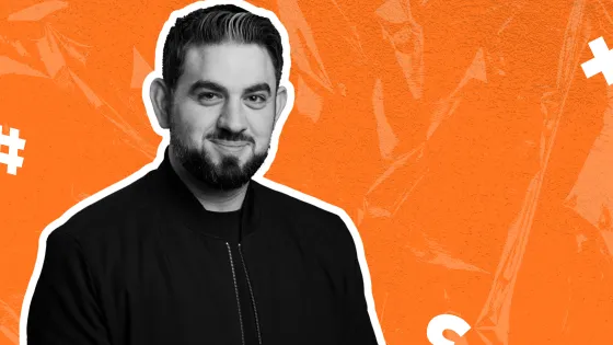 Orange background with black and white headshot of Daniel Francavilla and hashtag, x and question mark icons in foreground