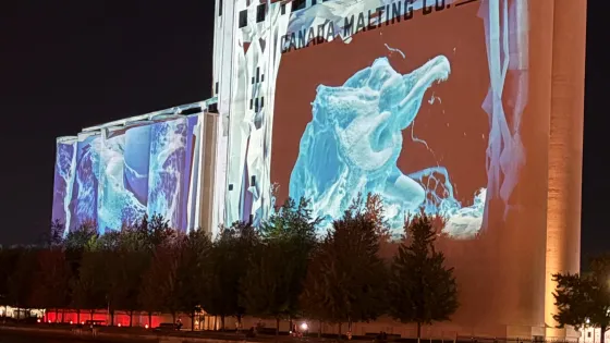 Image of Canada Malting Silos with projection of artwork.