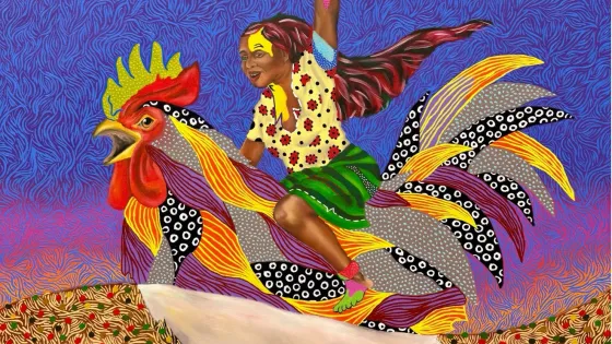 A colourful painting featuring a rooster with a girl on its back, against a deep blue and purple ski and ground