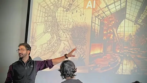 Photo of man at left with glasses pointing to a screen with two graphics