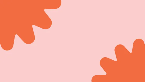 Pink background with orange colored flowers on top left and bottom right corner.