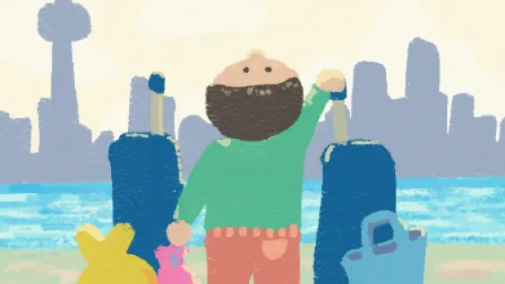 A person with luggage, looking at the Toronto skyline