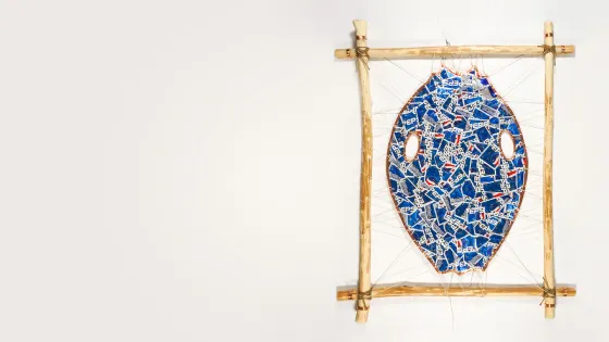 Michael Massie, “pop” art in suspension, 2025, aluminum, wood, copper, string/gut. Image courtesy of Fehely Fine Arts, photo by Renzo Fernandez.