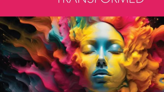 Pink coloured header with text Knowledge Synthesis Grants, The Arts Transformed with illustrated image of woman's face with swirls of colour - pink, blue and yellow with word at bottom left, Results and Canada wordmark and logo of the Social Sciences and Humanities Research Council