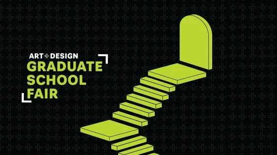 Green staircase ascending on the right with Art & Design Graduate School Fair logo on left