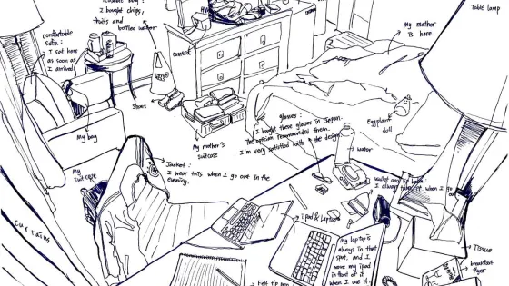Drawing (black felt-tip pen on paper) of an interior space in a hotel room with annotated details about various objects and items