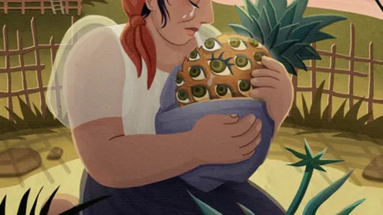 An illustration of a woman wearing a headscarf kneeling in a field and embracing an agave pina, surrounded by agave plants, a wooden fence, a small house, and a sunset landscape.