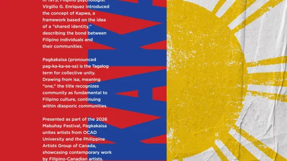 Poster promoting Pagkakaisa exhibition, with red background on left half with blue title and image of the sun on the right. 