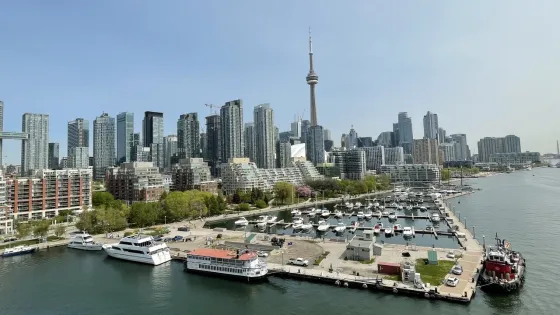 Photo of Toronto's Marina Quay West pier with CN Tower and city in the background