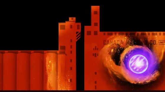 Art projected on the side of a large building at night