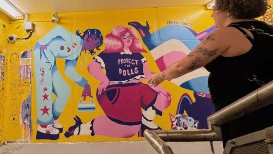 Mural in yellow staircase