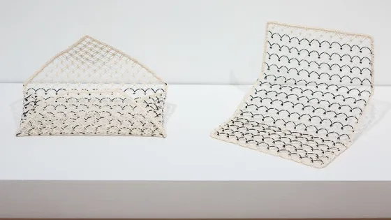 Image of two knotted paper sculptures, left looks like wallet, right looks like open wallet