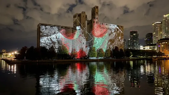Artwork projection of Decomposition No. 7 Undergrowth on Canada Malting Silos