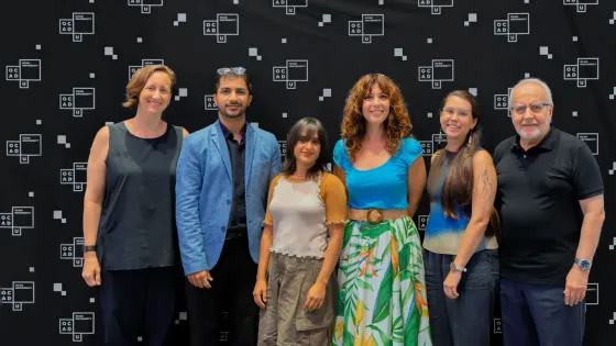 Group photo showing five teaching award recipients with Dr. Sandra Gabriele