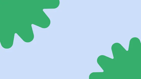 Blue background with green shapes in top left and bottom right corners.