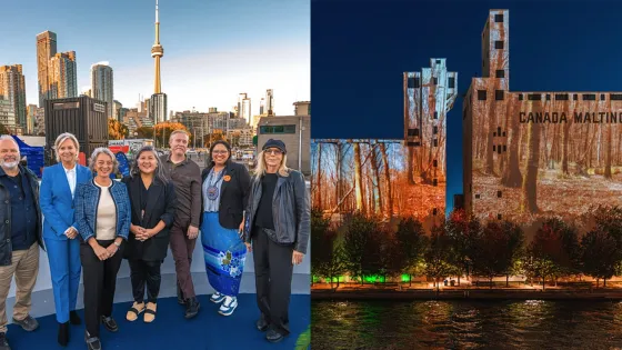 At left, group photo showing participants at Nuit Blanche reception outside with Toronto skyline in the background; and at right, art projection on Canada Malting Silos .