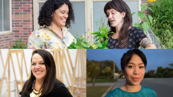 Three photos of faculty researchers: Top: Dr. Alia Weston (left) and community partner Dani Hagel (right); Bottom: Ilene Sova; Annie Tung (right).