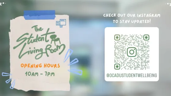Student Living Room, operating hours 10am to 7pm, instagram qr code.