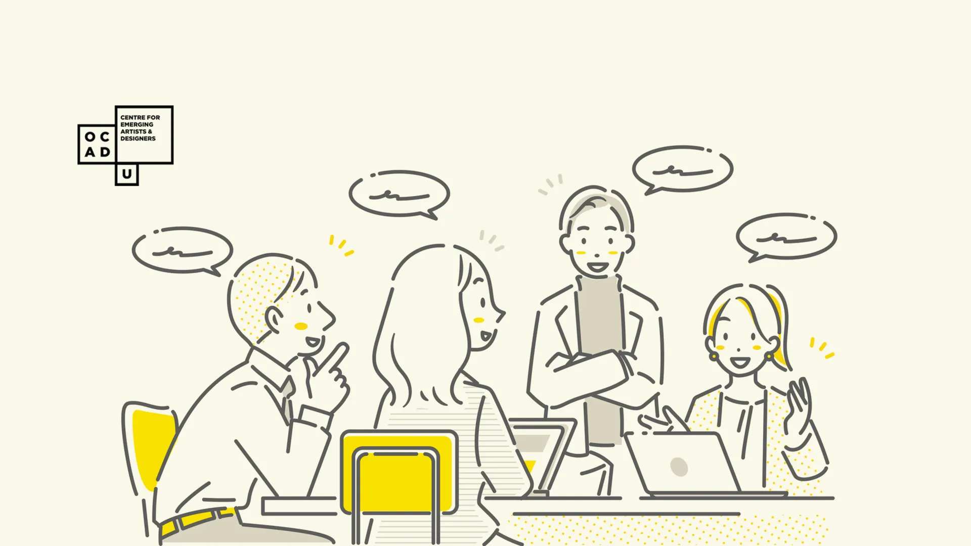 Light yellow background with illustration of four individuals exchanging ideas around a table.