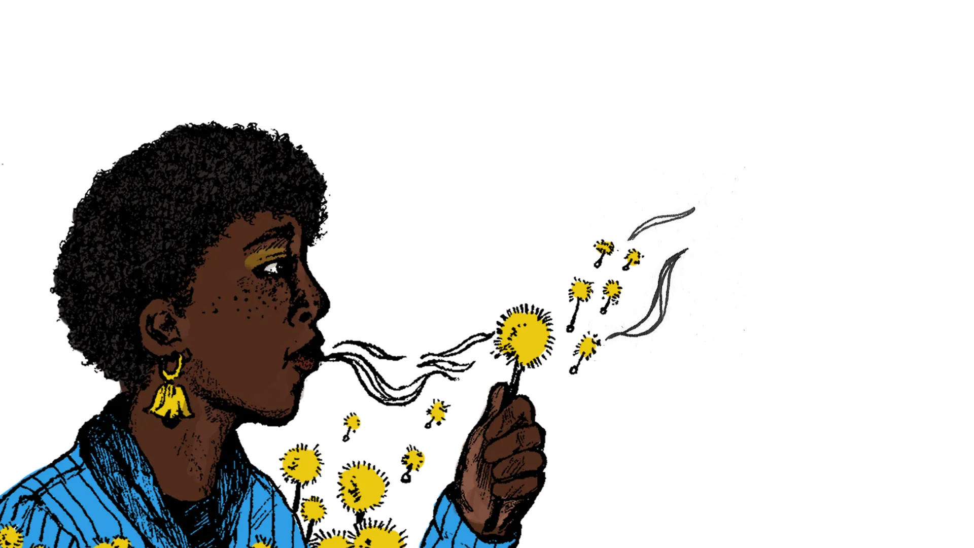 A person blowing dandelions
