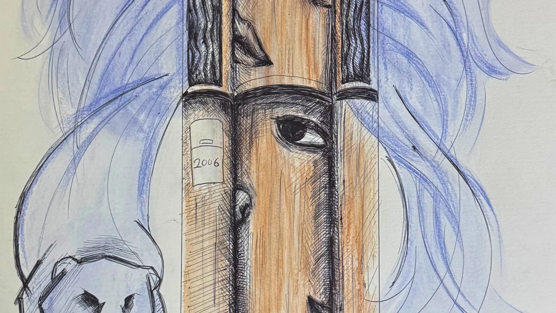 Drawing of an air conditioner tower with facial features and cool air flow imagery.
