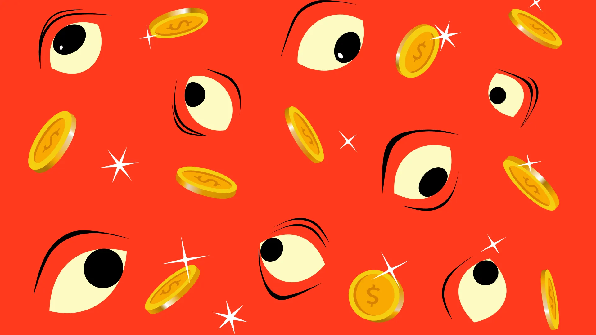 Orange background with drawing of eyes and coins in foreground