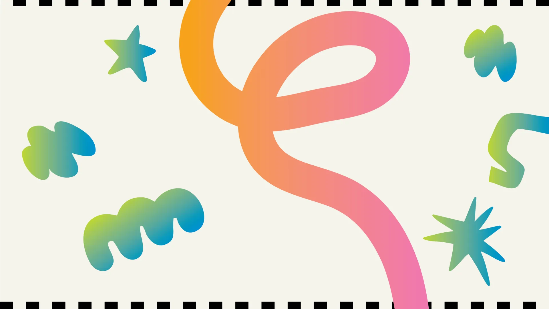 Cream coloured background with checkered top and bottom border and orange pink line in foreground and blue green shapes around it.