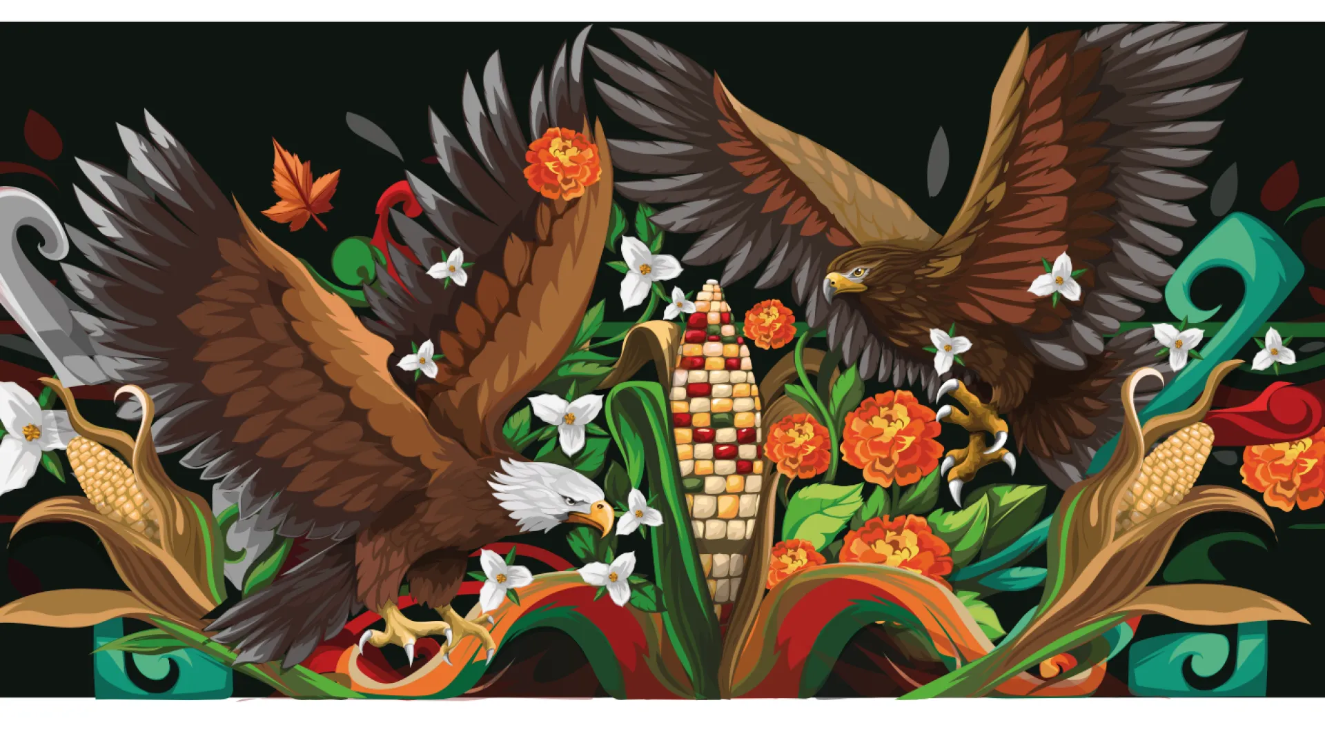 "The Shared Flight" 2025 mural by Diego Santamaría (HIDROCK). An ear of corn in the centre, with Two eagles, white trilliums and orange marigolds, on a black background.