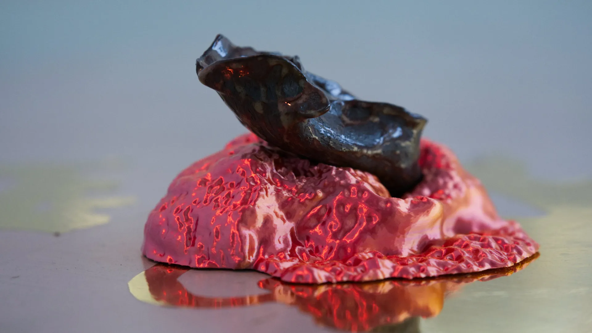 Artwork: Maria Simmons, Membranous Boundaries (detail), 2025. Image by Sasha Azanova. Red, Pink, Black and Dark Blue sculpture on blue and green background.