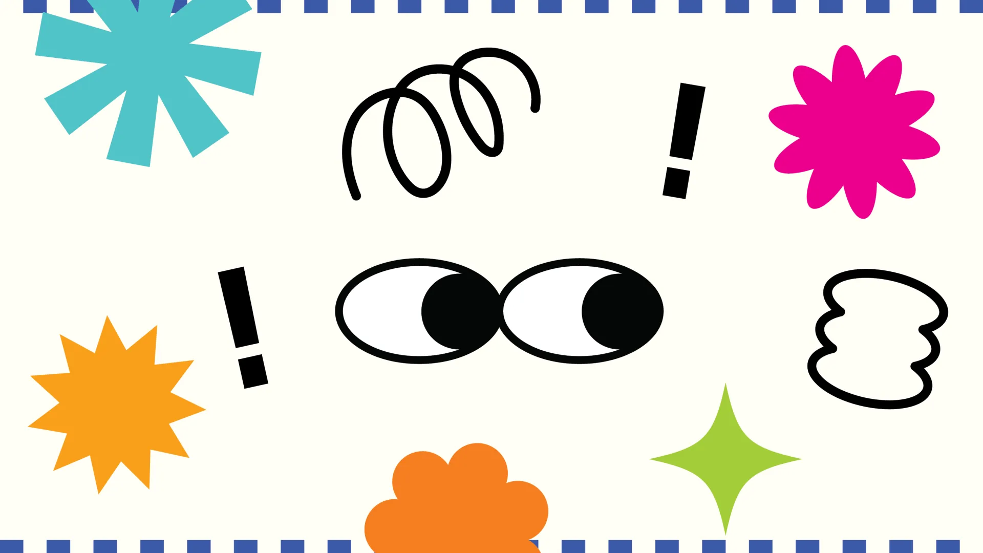 White background with blue checkered border, blue, orange and pink shapes in foreground with cartoon eyes looking to the right. 