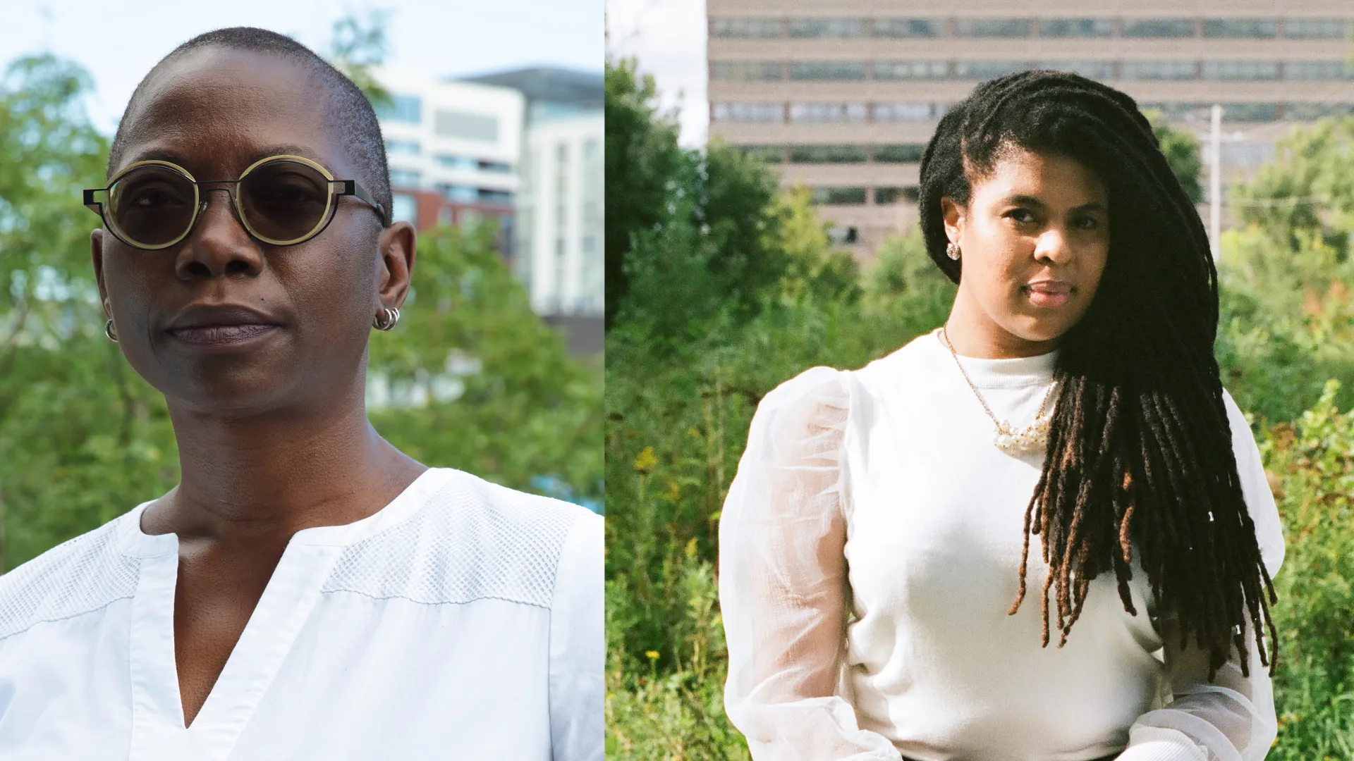 Two women: on the left a woman with short hair, wearing sunglasses and white shirt. One the left a woman with long dreadlocks and cream colored sweater.