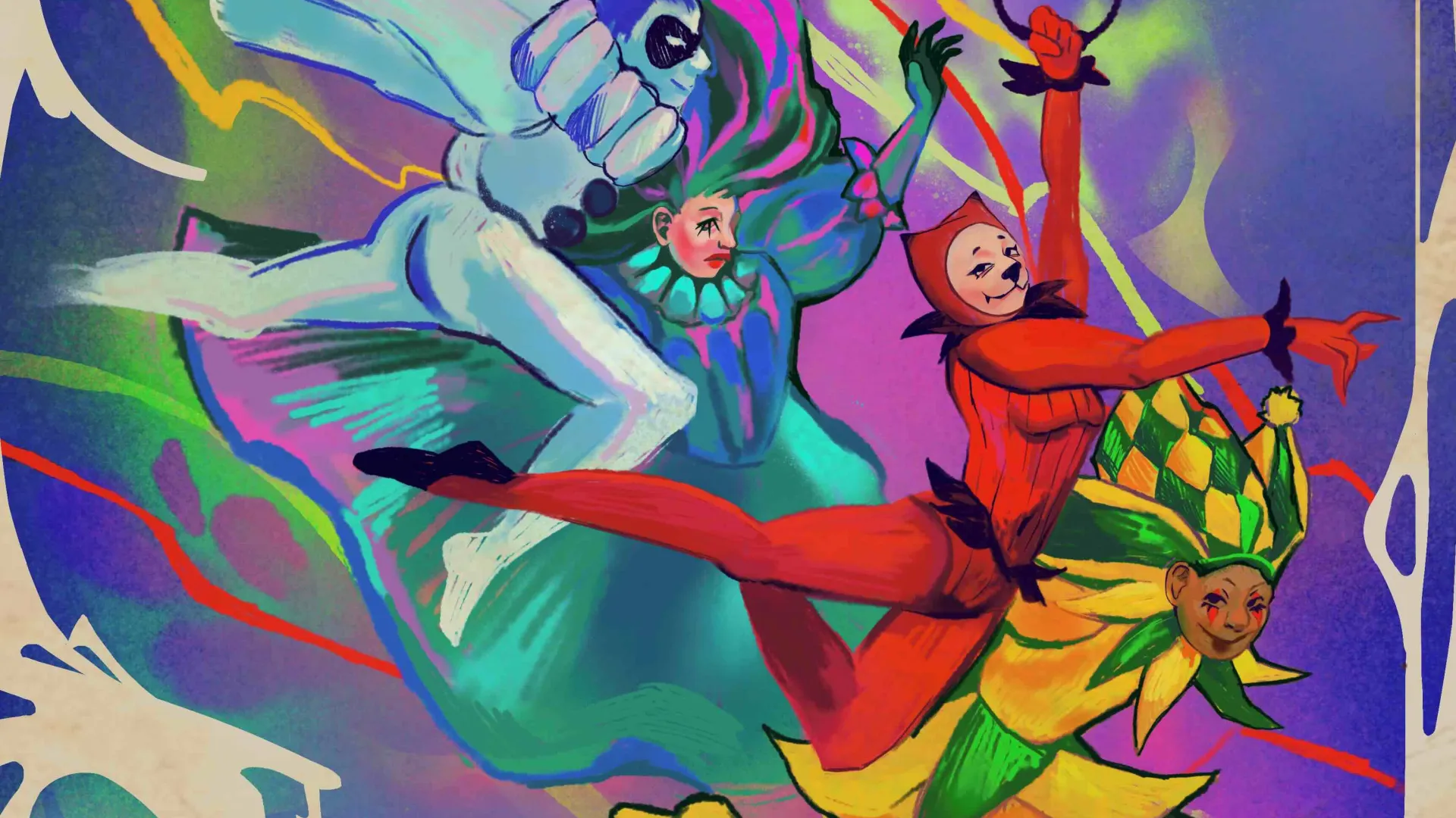 A digital painting of four playful circus performers in high saturation colour.