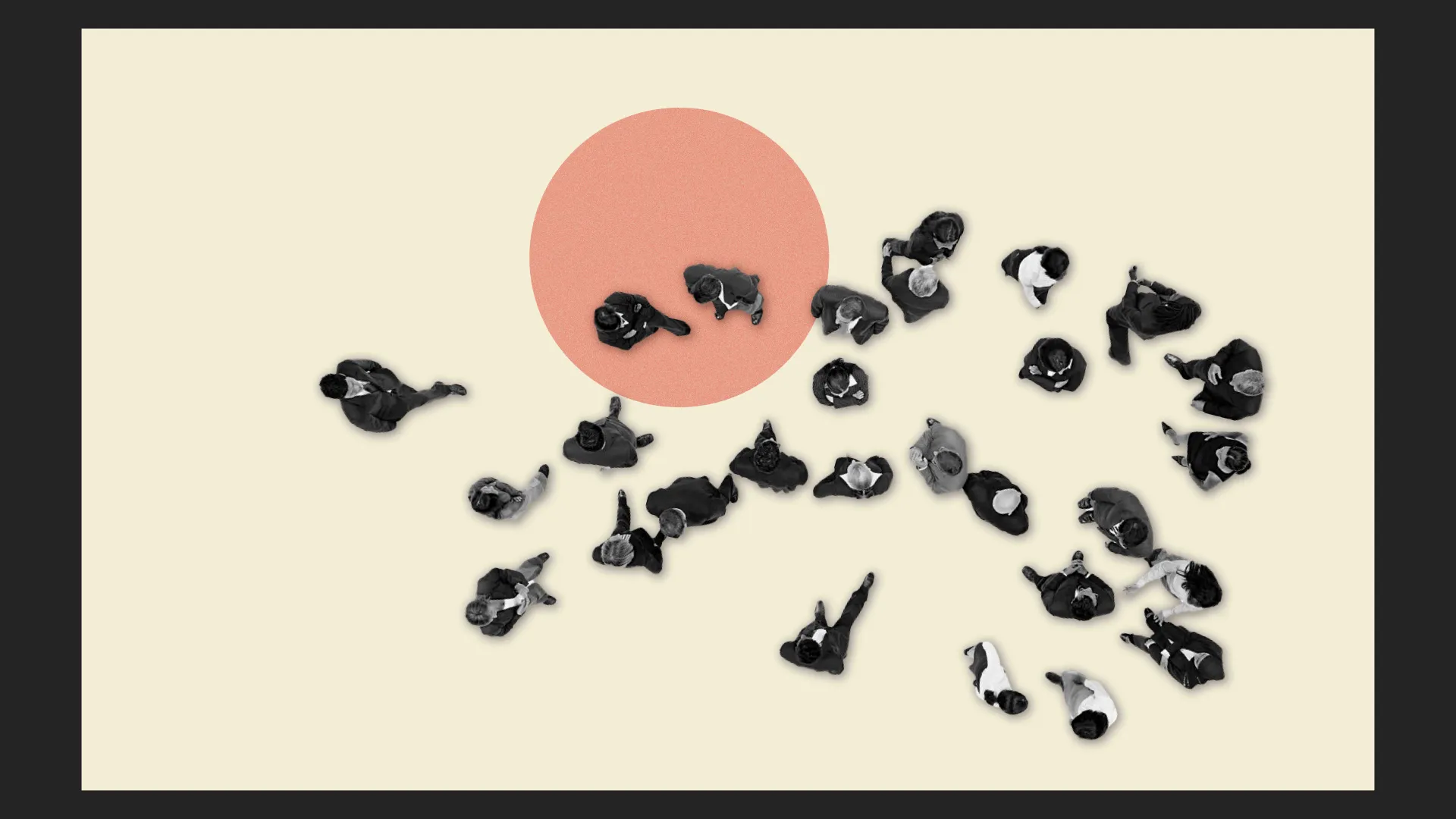 overhead shot of people walking on a light yellow ground with an orange pattern.