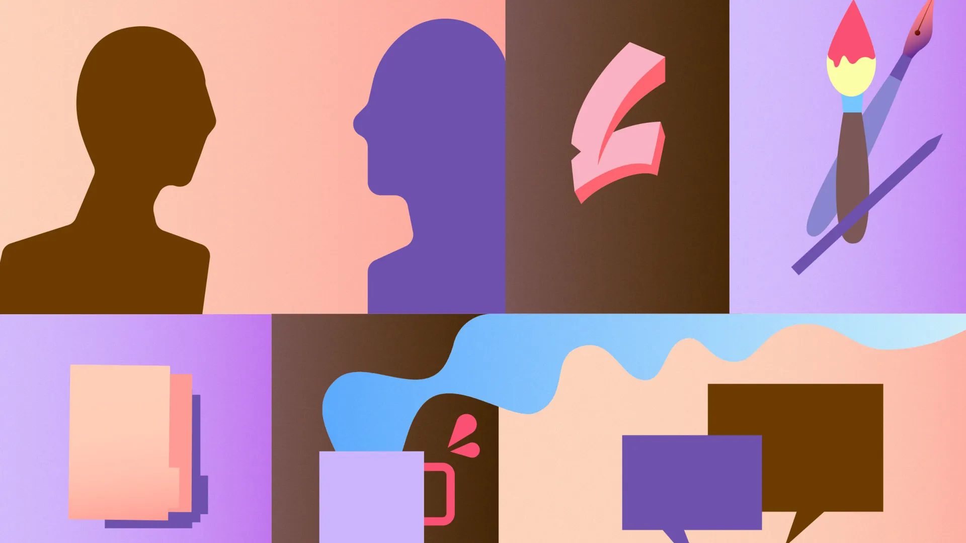 Illustrated graphics of two human figures, paint brushes, folders, coffee mug and dialogue box.